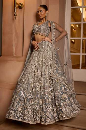 Opus Atelier_Blue Satin, Net, Viscose, Tulle V-neck Ombre Luna Embroidered Lehenga Set _at_Aza_Fashions