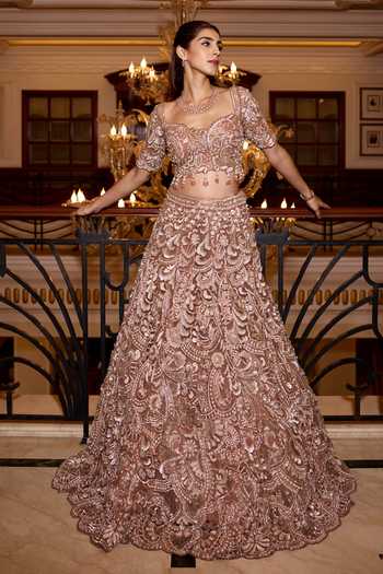 Opus Atelier_Gold Satin, Net, Viscose, Tulle Sweetheart Neck Nora Embroidered Lehenga Set _Online_at_Aza_Fashions