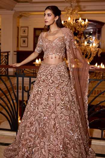 Buy_Opus Atelier_Gold Satin, Net, Viscose, Tulle Sweetheart Neck Nora Embroidered Lehenga Set _Online_at_Aza_Fashions