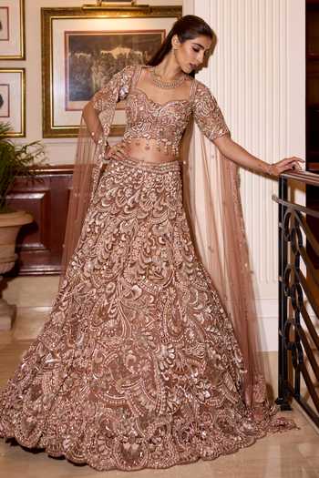 Shop_Opus Atelier_Gold Satin, Net, Viscose, Tulle Sweetheart Neck Nora Embroidered Lehenga Set _Online_at_Aza_Fashions