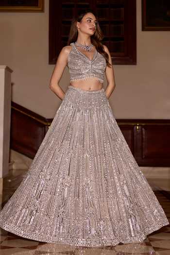 Buy_Opus Atelier_Silver Satin, Net, Viscose, Tulle V-neck Winter Embroidered Lehenga Set _Online_at_Aza_Fashions