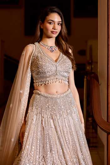 Shop_Opus Atelier_Silver Satin, Net, Viscose, Tulle V-neck Winter Embroidered Lehenga Set _Online_at_Aza_Fashions