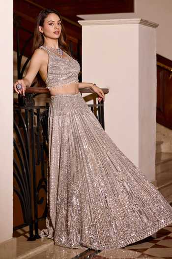 Opus Atelier_Silver Satin, Net, Viscose, Tulle V-neck Winter Embroidered Lehenga Set _at_Aza_Fashions