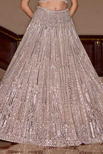 Buy_Opus Atelier_Silver Satin, Net, Viscose, Tulle V-neck Winter Embroidered Lehenga Set 