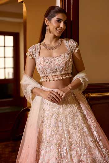 Opus Atelier_Pink Silk, Polyester, Mesh Square Neck Ombre Rosalie Embroidered Lehenga Set _Online_at_Aza_Fashions