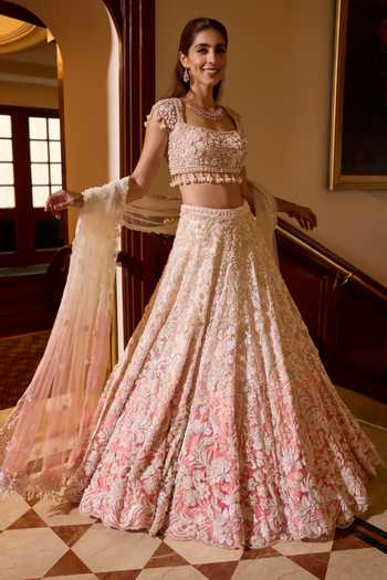 Buy_Opus Atelier_Pink Silk, Polyester, Mesh Square Neck Ombre Rosalie Embroidered Lehenga Set _Online_at_Aza_Fashions