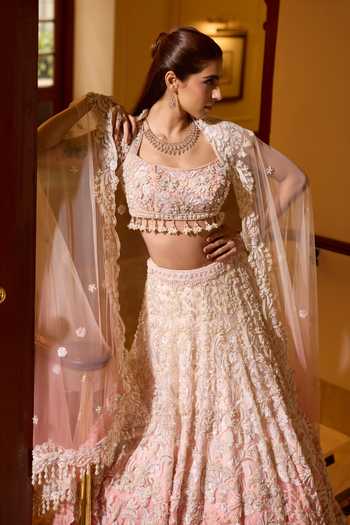Shop_Opus Atelier_Pink Silk, Polyester, Mesh Square Neck Ombre Rosalie Embroidered Lehenga Set _Online_at_Aza_Fashions