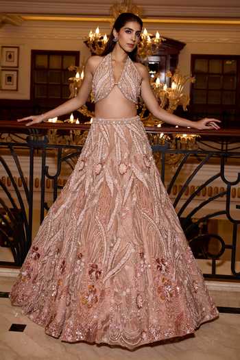 Opus Atelier_Peach Satin, Net, Viscose, Tulle Halter Neck Harper Embroidered Lehenga Set _at_Aza_Fashions