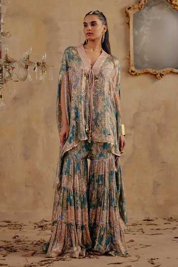 Ajiesh Oberoi_Multi Color Georgette, Lurex V-neck Zarina Printed Kaftan And Sharara Set _Online_at_Aza_Fashions