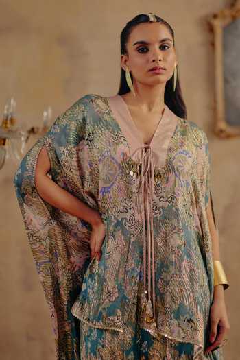 Buy_Ajiesh Oberoi_Multi Color Georgette, Lurex V-neck Zarina Printed Kaftan And Sharara Set _Online_at_Aza_Fashions