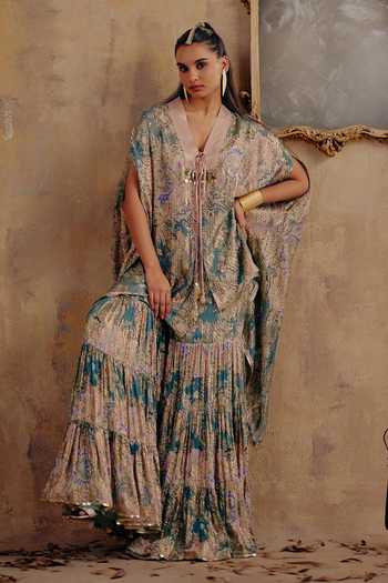 Shop_Ajiesh Oberoi_Multi Color Georgette, Lurex V-neck Zarina Printed Kaftan And Sharara Set _Online_at_Aza_Fashions