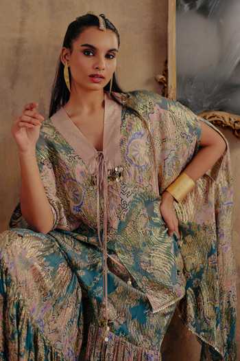 Ajiesh Oberoi_Multi Color Georgette, Lurex V-neck Zarina Printed Kaftan And Sharara Set _at_Aza_Fashions