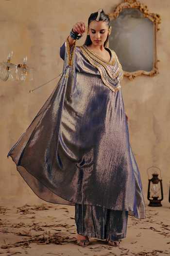 Ajiesh Oberoi_Gold Georgette, Lurex V-neck Chhavi Premium Kaftan And Pant Set _Online_at_Aza_Fashions