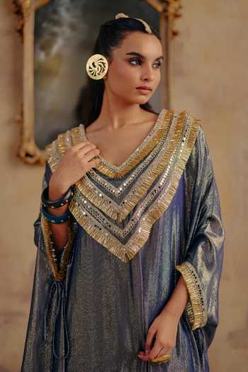 Shop_Ajiesh Oberoi_Gold Georgette, Lurex V-neck Chhavi Premium Kaftan And Pant Set _Online_at_Aza_Fashions
