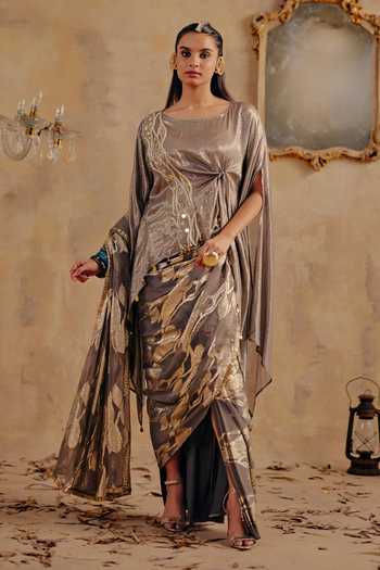 Ajiesh Oberoi_Gold Georgette, Jacquard, Lurex Round Neck Ruhani Pre-draped Saree And Top Set _Online_at_Aza_Fashions