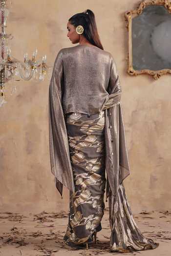 Buy_Ajiesh Oberoi_Gold Georgette, Jacquard, Lurex Round Neck Ruhani Pre-draped Saree And Top Set _Online_at_Aza_Fashions