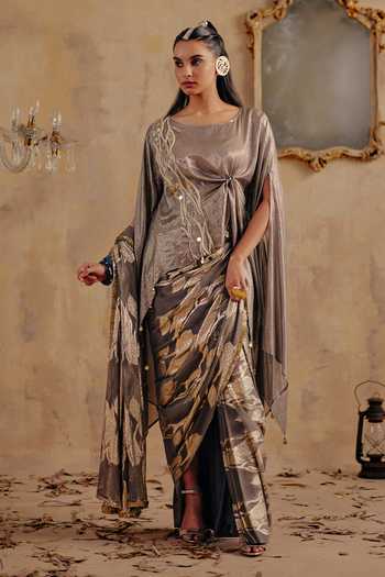 Shop_Ajiesh Oberoi_Gold Georgette, Jacquard, Lurex Round Neck Ruhani Pre-draped Saree And Top Set _Online_at_Aza_Fashions