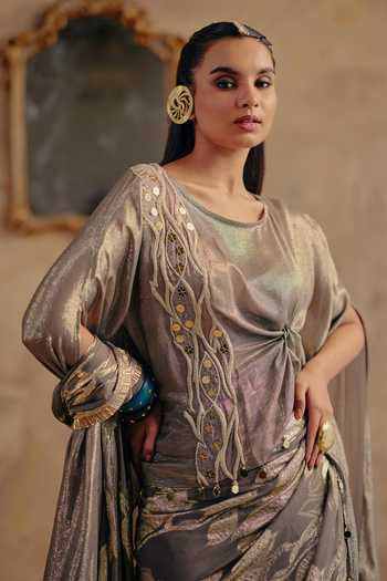 Ajiesh Oberoi_Gold Georgette, Jacquard, Lurex Round Neck Ruhani Pre-draped Saree And Top Set _at_Aza_Fashions