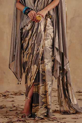 Buy_Ajiesh Oberoi_Gold Georgette, Jacquard, Lurex Round Neck Ruhani Pre-draped Saree And Top Set 