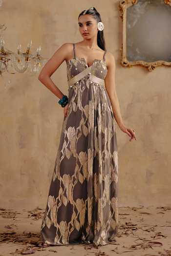 Ajiesh Oberoi_Gold Georgette, Jacquard, Lurex Sweetheart Rangsaaz Sleeveless Dress And Cape Set _Online_at_Aza_Fashions