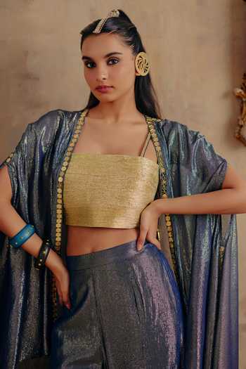 Buy_Ajiesh Oberoi_Blue Georgette, Lurex Open , Square Kanak Premium Jacket Set _Online_at_Aza_Fashions