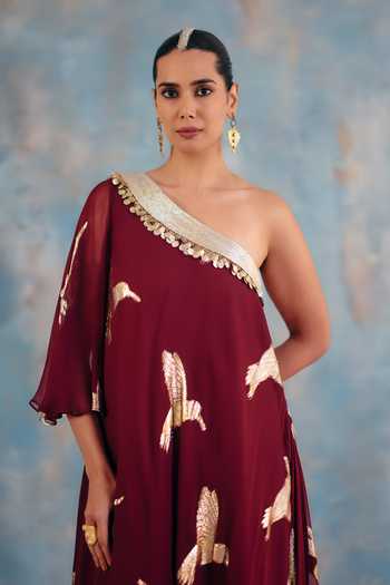 Ajiesh Oberoi_Maroon Georgette, Jacquard, Lurex One Shoulder Rangrez Maxi Dress _Online_at_Aza_Fashions
