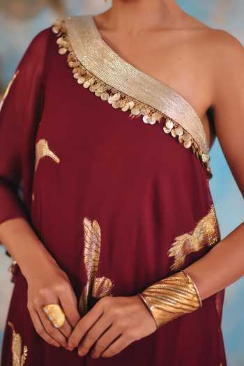 Shop_Ajiesh Oberoi_Maroon Georgette, Jacquard, Lurex One Shoulder Rangrez Maxi Dress _Online_at_Aza_Fashions