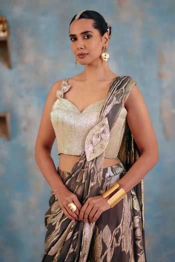 Buy_Ajiesh Oberoi_Gold Georgette, Jacquard, Lurex Aashi Pre-draped Metallic Pattern Saree And Blouse _Online_at_Aza_Fashions