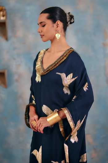 Ajiesh Oberoi_Navy Georgette, Jacquard, Lurex V-neck Inara Kaftan _Online_at_Aza_Fashions