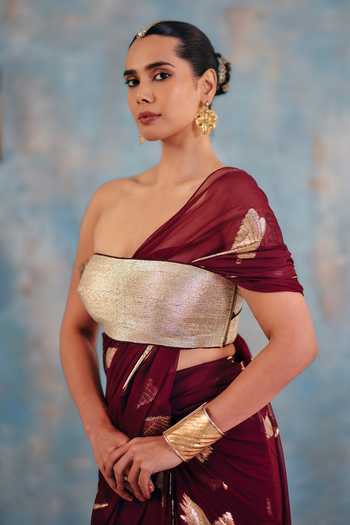 Ajiesh Oberoi_Gold Georgette, Jacquard, Lurex Noor-e-amber Pre-draped Saree And Blouse Set _Online_at_Aza_Fashions
