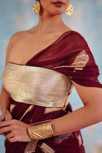 Ajiesh Oberoi_Gold Georgette, Jacquard, Lurex Noor-e-amber Pre-draped Saree And Blouse Set _at_Aza_Fashions