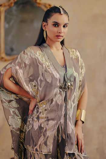 Buy_Ajiesh Oberoi_Gold Georgette, Jacquard, Lurex Sofia Metallic Pattern Kurta Flared Pant Set _Online_at_Aza_Fashions