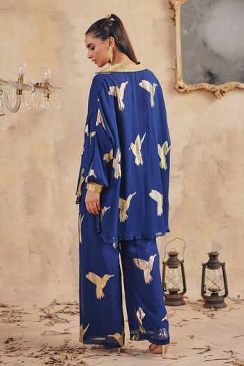 Ajiesh Oberoi_Blue Georgette, Lurex, Jacquard V-neck Shaffa Bird Pattern Shirt And Pant Set _Online_at_Aza_Fashions