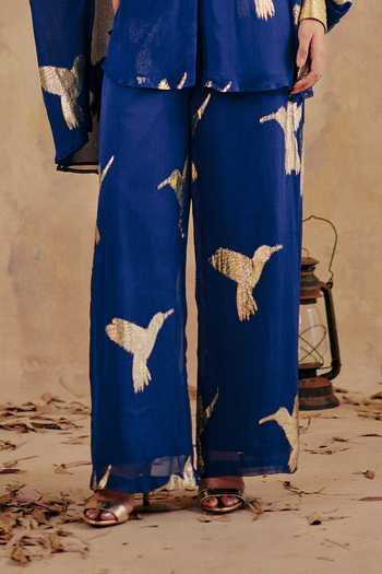 Buy_Ajiesh Oberoi_Blue Georgette, Lurex, Jacquard V-neck Shaffa Bird Pattern Shirt And Pant Set _Online_at_Aza_Fashions