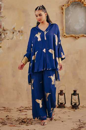 Shop_Ajiesh Oberoi_Blue Georgette, Lurex, Jacquard V-neck Shaffa Bird Pattern Shirt And Pant Set _Online_at_Aza_Fashions