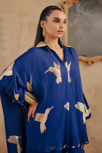 Ajiesh Oberoi_Blue Georgette, Lurex, Jacquard V-neck Shaffa Bird Pattern Shirt And Pant Set _at_Aza_Fashions