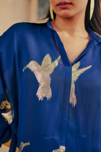 Buy_Ajiesh Oberoi_Blue Georgette, Lurex, Jacquard V-neck Shaffa Bird Pattern Shirt And Pant Set 
