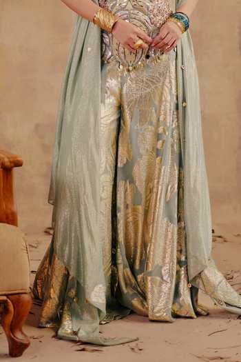Ajiesh Oberoi_Gold Georgette, Jacquard, Lurex V-neck Kiyana Embroidered Top Pant Set _Online_at_Aza_Fashions