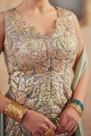 Shop_Ajiesh Oberoi_Gold Georgette, Jacquard, Lurex V-neck Kiyana Embroidered Top Pant Set _Online_at_Aza_Fashions