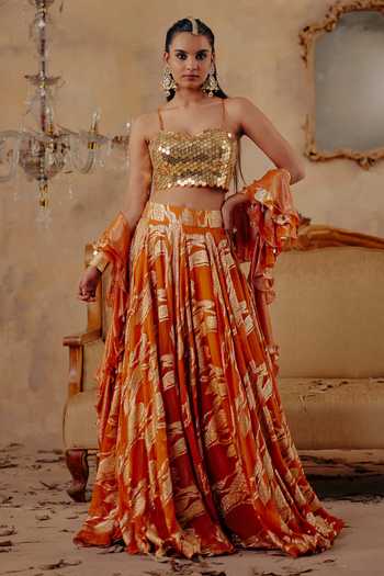 Buy_Ajiesh Oberoi_Gold Georgette, Jacquard, Lurex Sweetheart Neck Naaz-e-chamak Lehenga Set _Online_at_Aza_Fashions