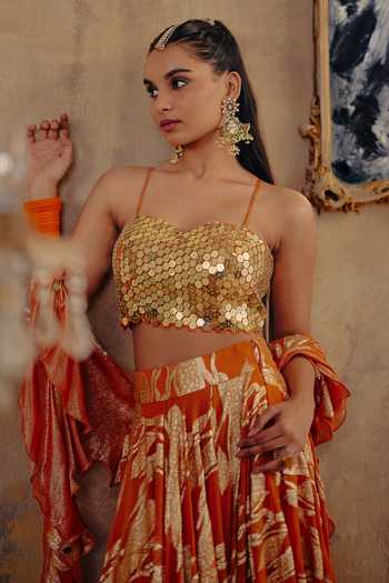 Shop_Ajiesh Oberoi_Gold Georgette, Jacquard, Lurex Sweetheart Neck Naaz-e-chamak Lehenga Set _Online_at_Aza_Fashions