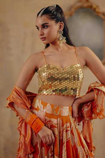 Ajiesh Oberoi_Gold Georgette, Jacquard, Lurex Sweetheart Neck Naaz-e-chamak Lehenga Set _at_Aza_Fashions