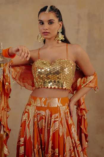 Buy_Ajiesh Oberoi_Gold Georgette, Jacquard, Lurex Sweetheart Neck Naaz-e-chamak Lehenga Set 