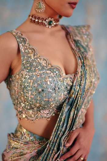 Ajiesh Oberoi_Pink Georgette, Jacquard, Lurex Gulabi-jhalak Pre-draped Saree And Blouse Set _Online_at_Aza_Fashions