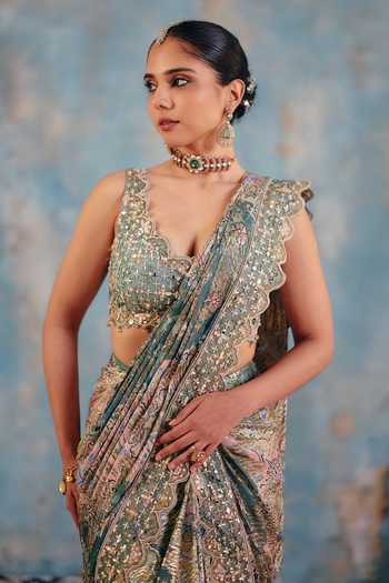 Shop_Ajiesh Oberoi_Pink Georgette, Jacquard, Lurex Gulabi-jhalak Pre-draped Saree And Blouse Set _Online_at_Aza_Fashions