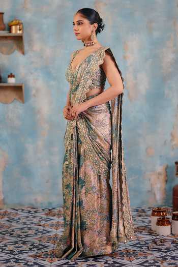 Ajiesh Oberoi_Pink Georgette, Jacquard, Lurex Gulabi-jhalak Pre-draped Saree And Blouse Set _at_Aza_Fashions