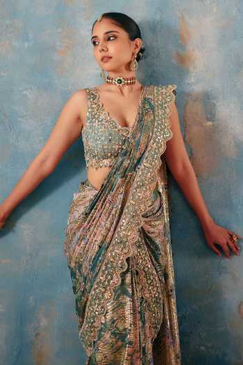 Buy_Ajiesh Oberoi_Pink Georgette, Jacquard, Lurex Gulabi-jhalak Pre-draped Saree And Blouse Set 