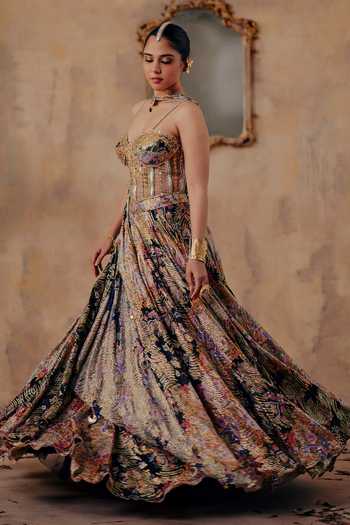 Buy_Ajiesh Oberoi_Gold Georgette, Lurex Sweetheart Neck Noorin Printed Lehenga Set _Online_at_Aza_Fashions