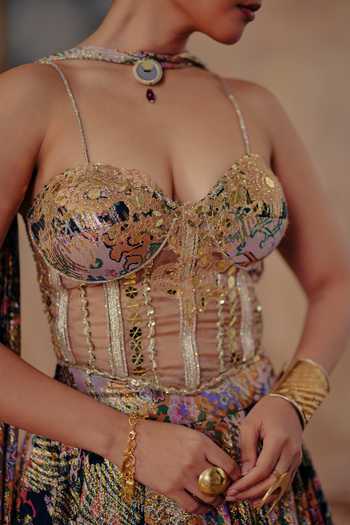 Shop_Ajiesh Oberoi_Gold Georgette, Lurex Sweetheart Neck Noorin Printed Lehenga Set _Online_at_Aza_Fashions