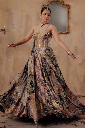 Buy_Ajiesh Oberoi_Gold Georgette, Lurex Sweetheart Neck Noorin Printed Lehenga Set 